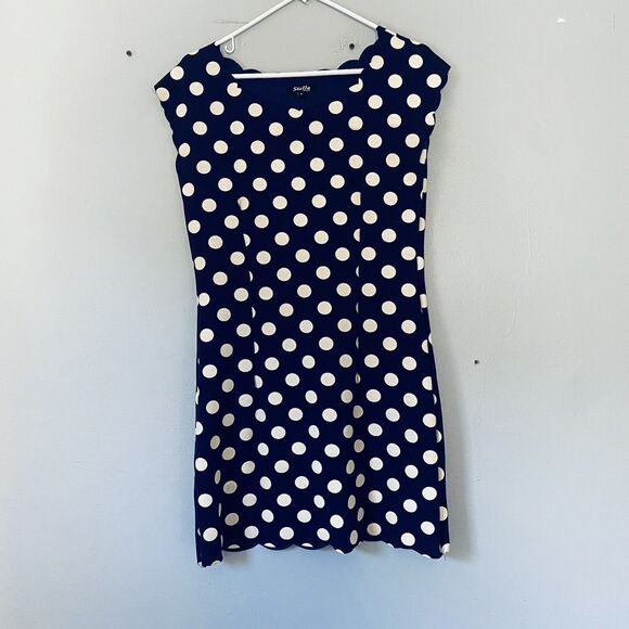 Stella Dress UK 10 US 6/8 Blue White Polka Dot Stretch Scalloped Party Retro - Picture 1 of 6